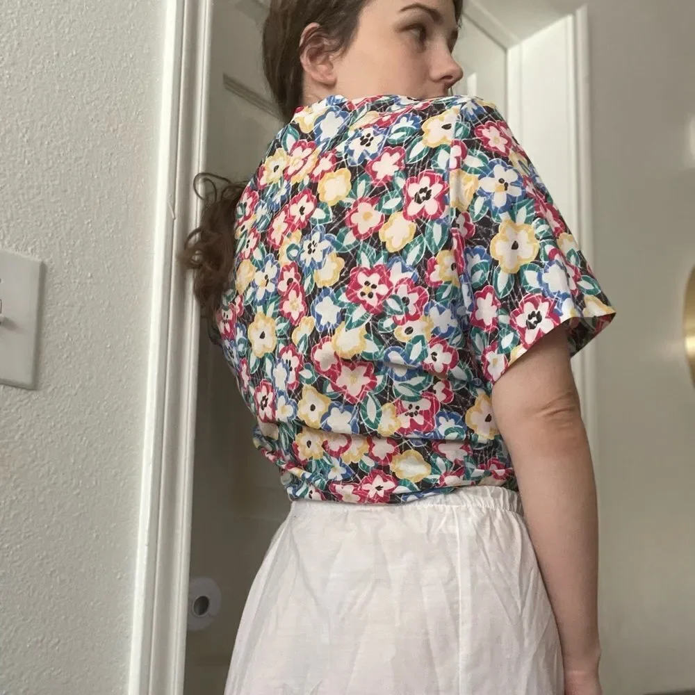 Vintage 80s Floral Funky Retro Button Down‎ Shirt Short Sleeve Sz 6